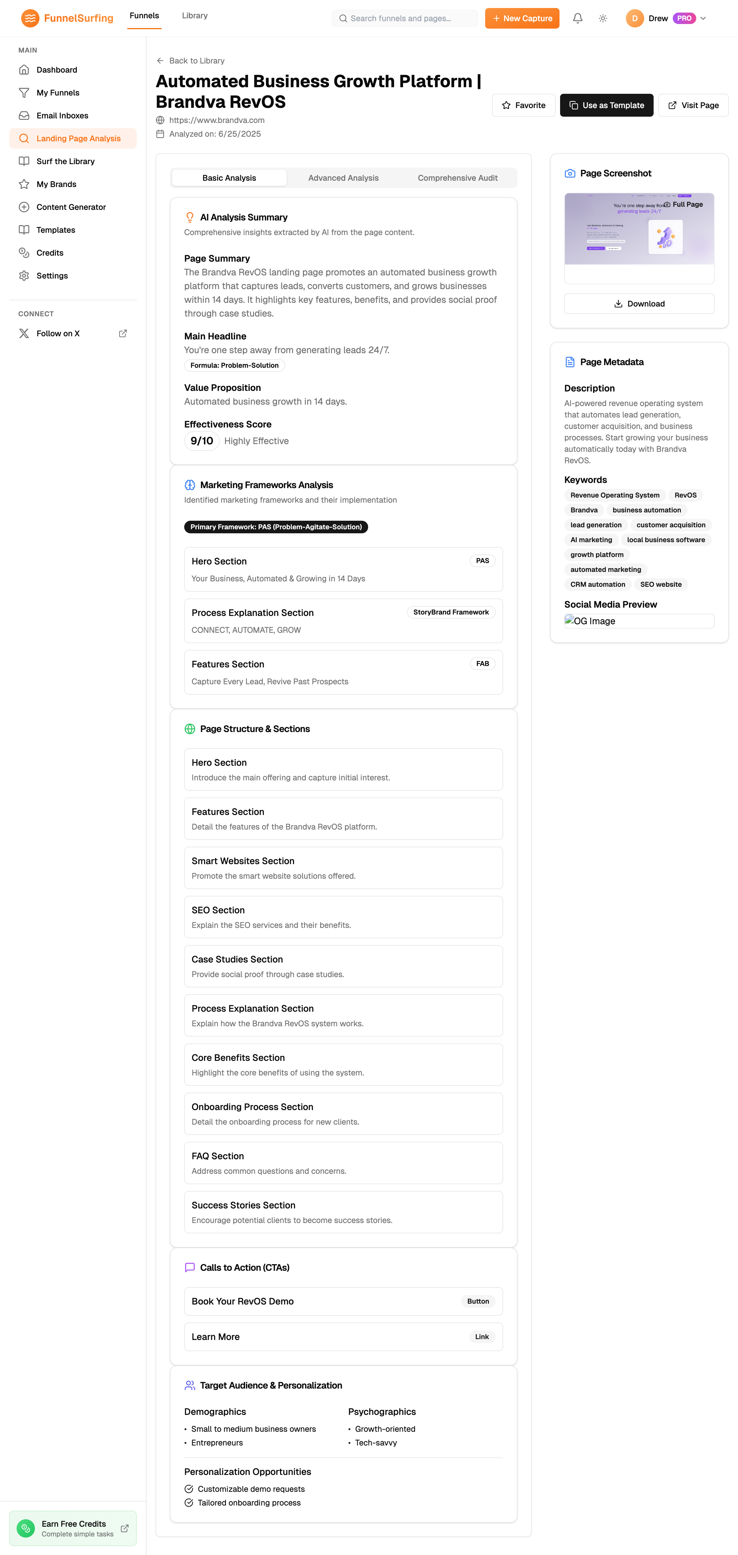 Landing page analysis screenshot
